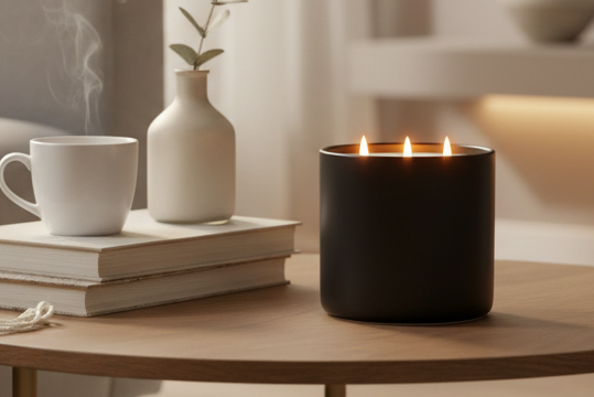 3 wick matte black candle in lifestyle setting