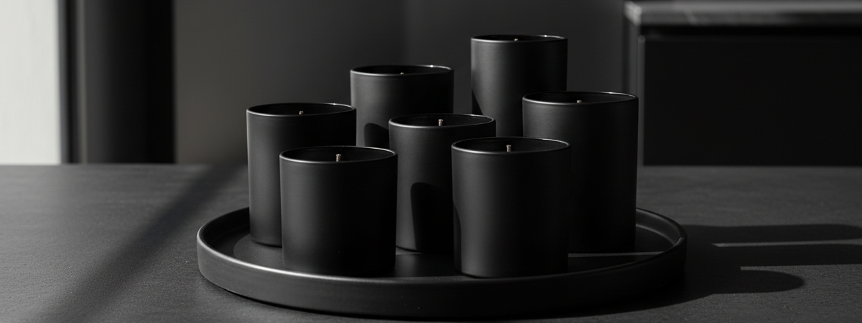 matte black candle jars on a black tray