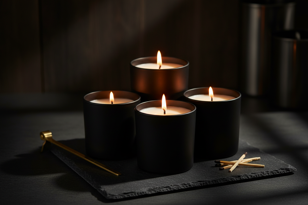 moody lifestyle photo of candles in matte black jars